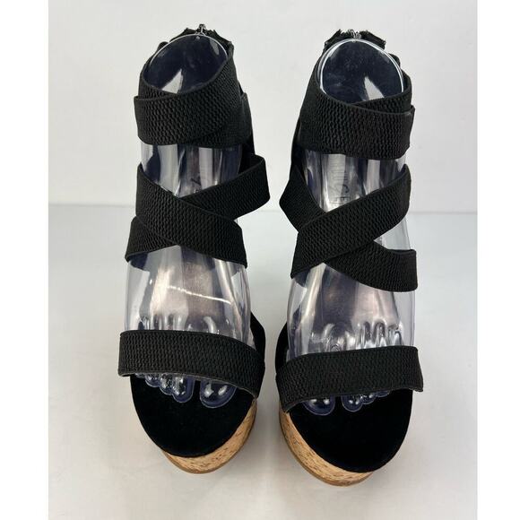 Rouge 8.5 Black Strappy Sling-back Stretch Cork Platform Wedge Women's Shoes - Picture 4 of 9